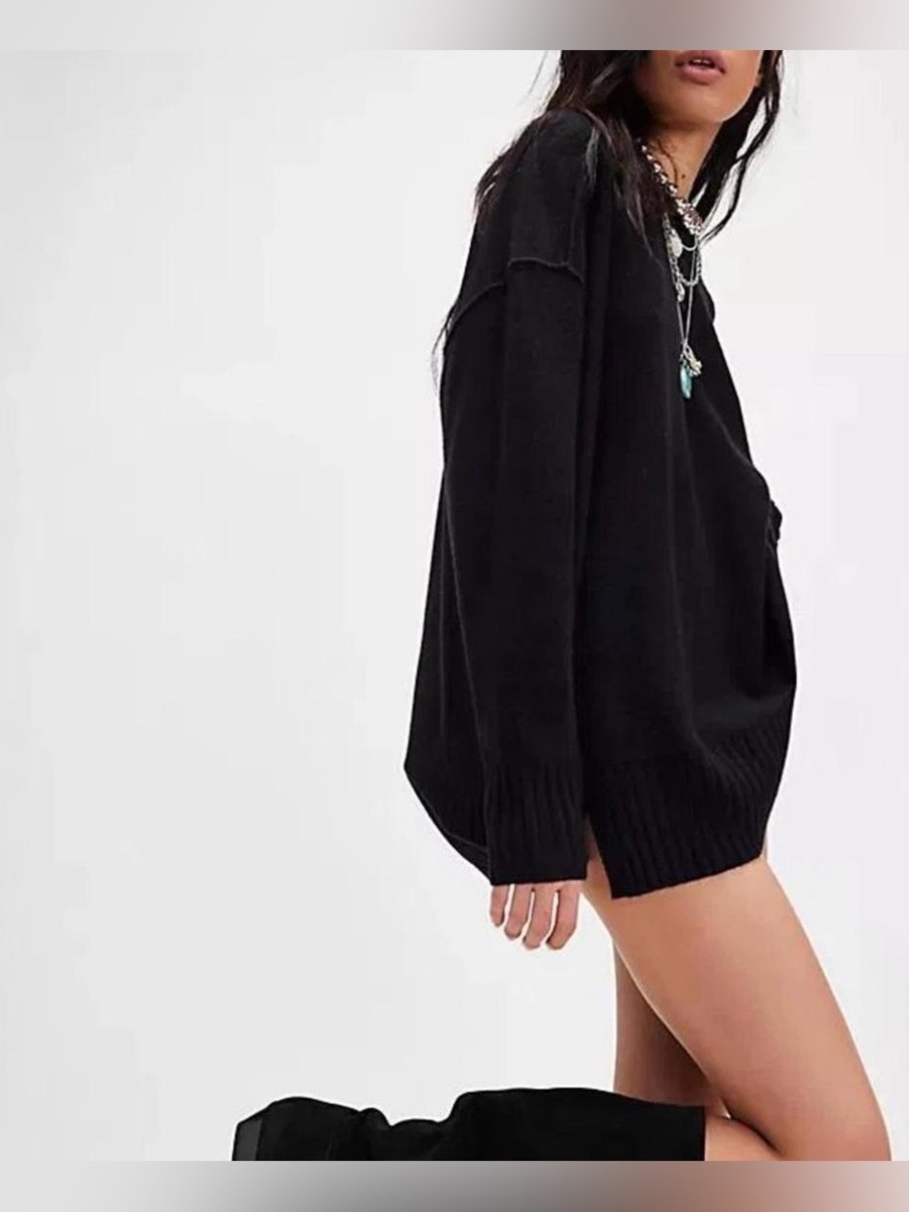 Free People Phoebe High Low Ribbed Soft Cozy Black Sweater XS